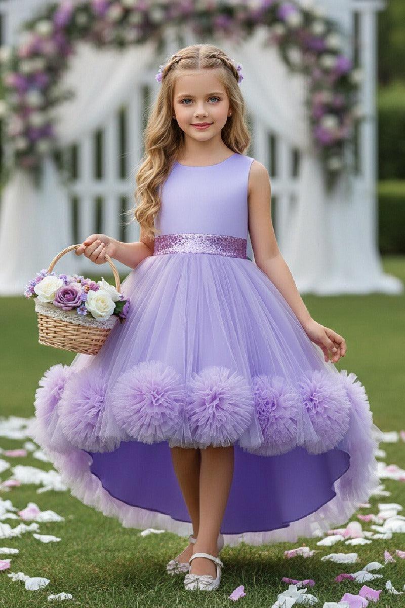 Princess Scoop Neck Sleeveless Hi-Low Tulle Pom Poms Flower Girl Dresses 1029780202104 - 7 Days / Purple / 100cm - COCOMELODY